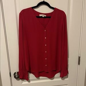 LOFT Crimson V-Neck Blouse with Ruffled Cuffs